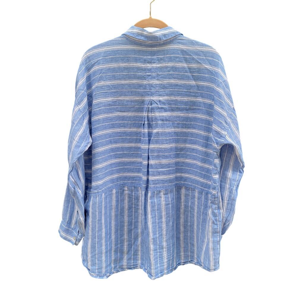 J Jill Love Linen Blue White Striped Long Sleeve Abalone Button Up Shirt Medium - Picture 2 of 4